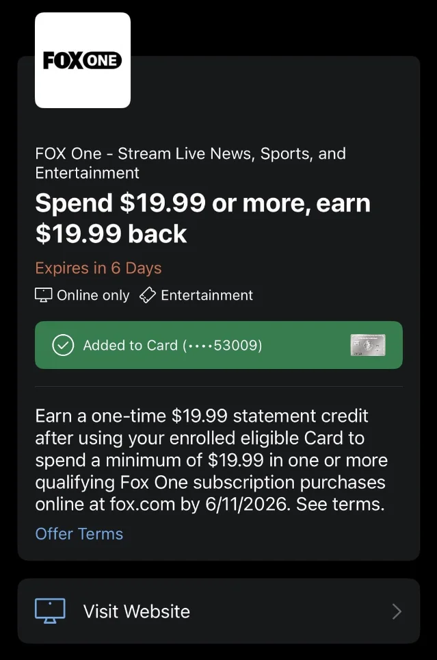 Fox One Amex Offer screenshot — spend $19.99, earn $19.99 back, expires Jun 11