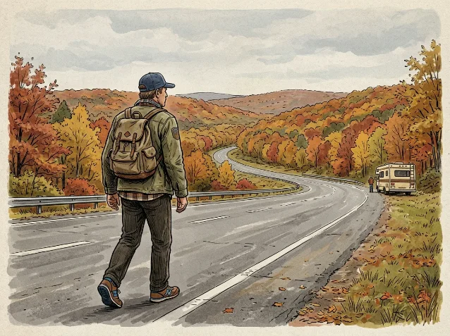 Illustration of a lone walker on an autumn Pennsylvania highway, support vehicle visible in the distance