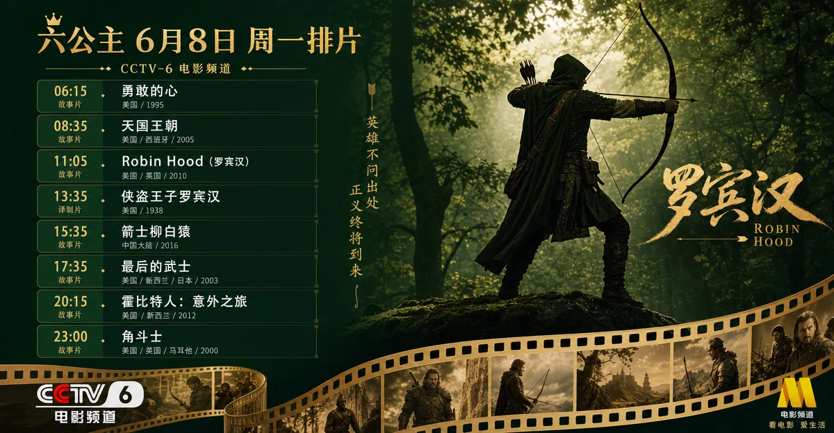 CCTV-6 排片|6月8日周一,罗宾汉「起源」深夜上下集,《木棉袈裟》经典武打压晚间