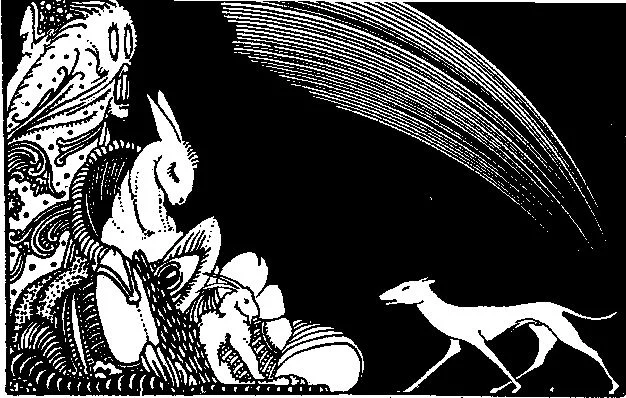 Harry Clarke illustration of a small dog under a sweeping beam of light
