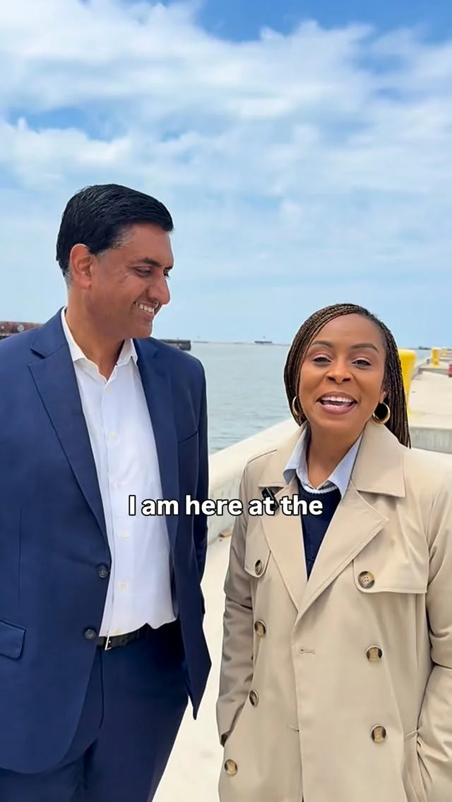 Rep. Ro Khanna (right) and Rep. Shontel Brown at the Port of Cleveland, May 9, 2026.