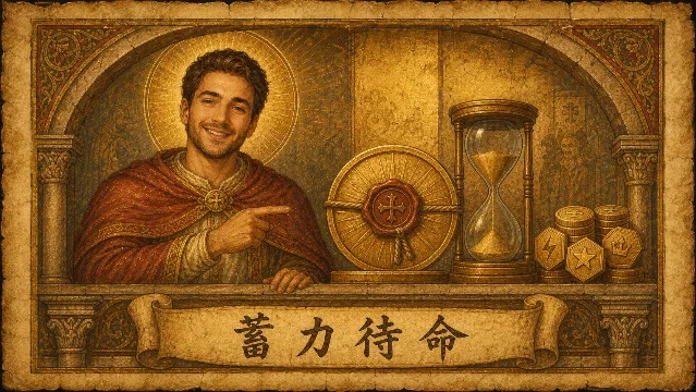 拜占庭圣像画风中,重置金币尚未开启,沙漏仍在落沙,人物守候在石拱门下