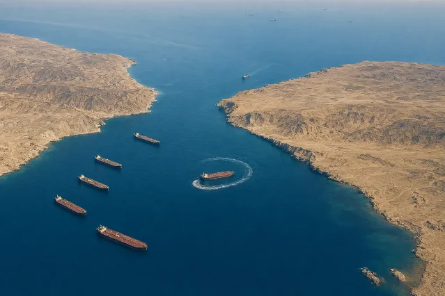 Oil tankers wait outside a narrow sea passage as one vessel turns back, an editorial illustration of disrupted Hormuz shipping