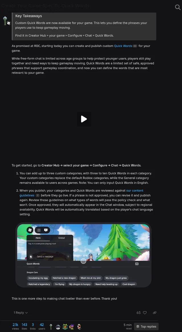 The Quick Words announcement post, with the in-game chat panel it shows: one game's own "Dragon Care" category of phrase chips