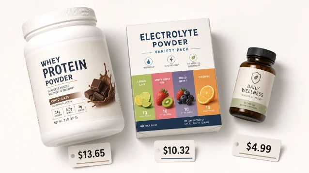 Three supplement products with price tags: protein powder at $13.65, electrolyte variety pack at $10.32, and a supplement bottle at $4.99