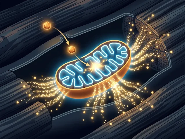 Illustration of ketone body molecules (amber geometric shapes) entering a glowing mitochondrion inside cardiac muscle striations, with energy particles radiating outward