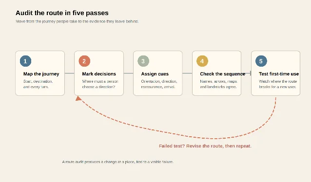 A five-step wayfinding audit from mapping the journey to testing first-time use, with a loop back to route revision