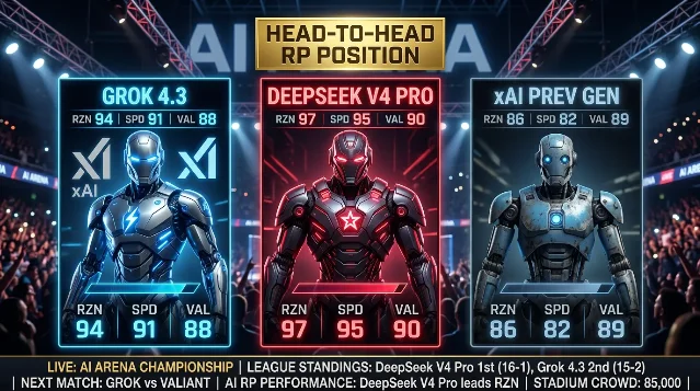 AIL RP position head-to-head: Grok 4.3, DeepSeek V4 Pro, and prior generation xAI in a broadcast scoreboard panel