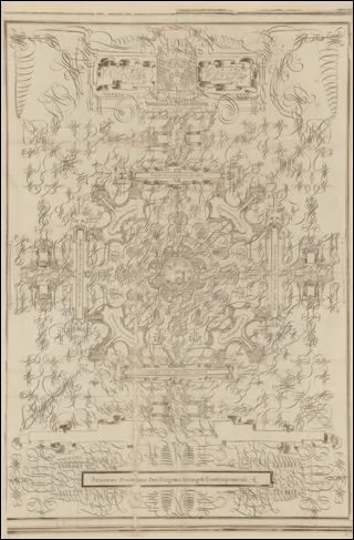 The extracted folio 79, now catalogued as Barb.lat.4426.pt.A: a large-scale ink drawing with elaborate symmetrical architectural ornamentation, elaborate scrollwork framing a central medallion, addressed formally to an unnamed illustrious lord