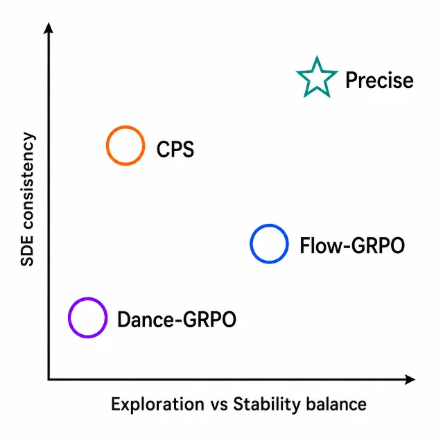 Precise sampler design: two-axis diagram (exploration-stability vs SDE consistency) and double-ring toy example