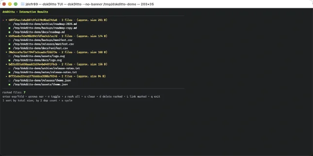 dskditto TUI showing duplicate file groups with hash, file count, and size — interactive delete with keyboard navigation
