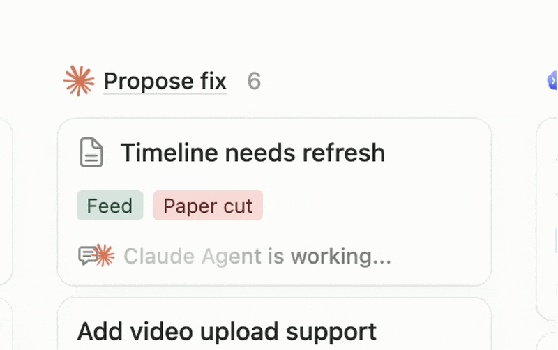 Notion task UI showing "Claude Agent is working..." on a task tagged "Timeline needs refresh" — the agent appears as an inline workspace participant, not in a separate panel