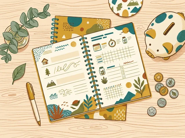 A top-down flat-lay of a retirement savings notebook, piggy bank, and coins on a wooden desk