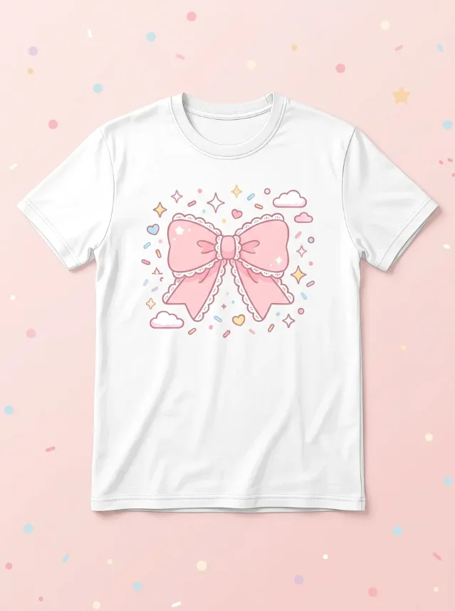 AI-generated concept: cutecore kawaii t-shirt design — pastel pink lace bow ribbon graphic on a white tee