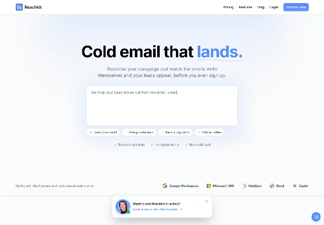 The Reachkit homepage, headed "Cold email that lands", with a box reading "We help B2B SaaS teams cut their cloud bill. Email" and a row of integration logos for Google Workspace, Microsoft 365, HubSpot, Slack and Zapier