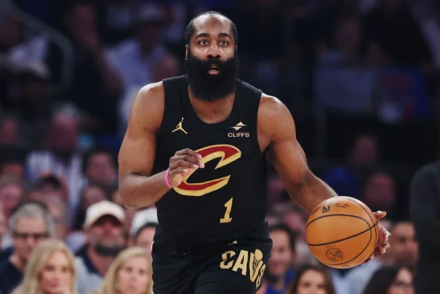 James Harden in Cleveland Cavaliers black #1 jersey dribbling at MSG