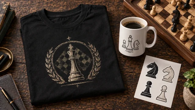 Chess Classes product flat lay showing a black graphic tee with a chess academy crest, a ceramic tactics mug, and chess piece stickers on a dark oak table