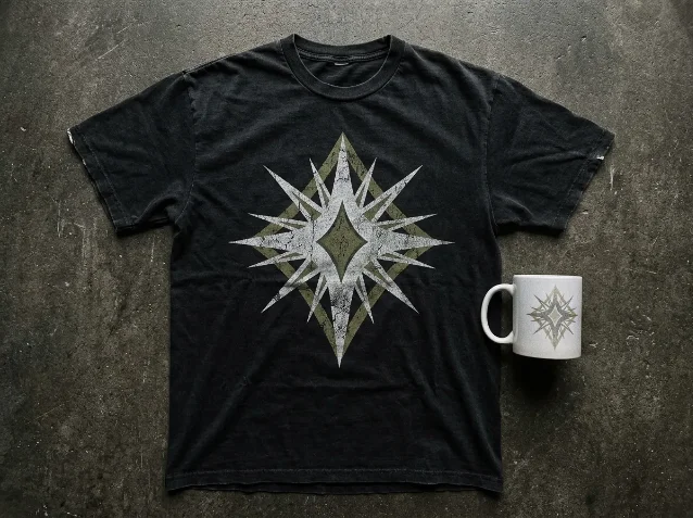 AI-generated concept: Indie Sleaze Revival — washed black tee with distressed geometric starburst in faded silver and olive green, alongside a white mug with matching minimalist graphic