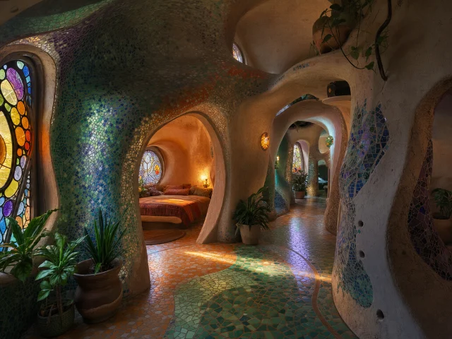 Curved mosaic-tiled corridors with stained glass windows and flowing archways inside an organic architecture interior