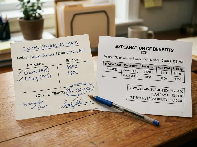 Close-up of a dental quote slip showing $1,050 next to an insurance EOB showing $1,700 claimed and $600 paid, on a wood desk