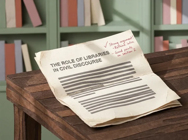 A returned essay printout resting on a dark library table, red annotation marks in the corner, sage-green shelves out of focus behind it