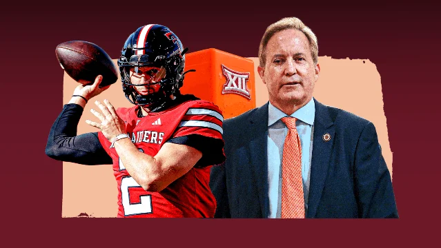 Big 12 lawsuit composite graphic showing Sorsby in Texas Tech uniform and Ken Paxton