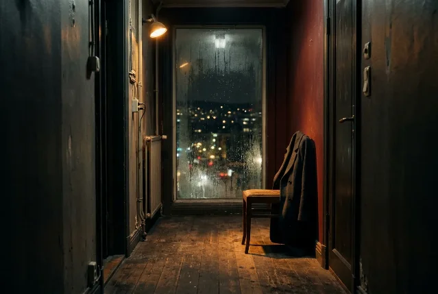 Rain-streaked window with Oslo city lights blurred beyond, a coat draped over a wooden chair in a narrow dark corridor, amber lamp glow