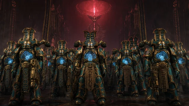 Rubric Marines of the Thousand Sons standing in their haunted teal and gold armour, soul-flames visible within