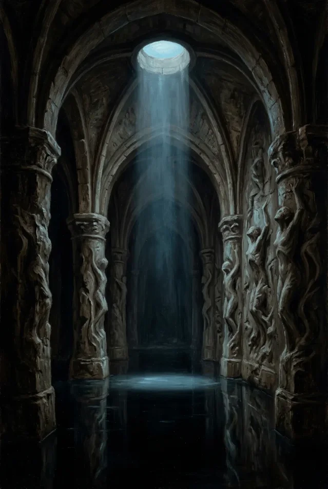 A Gothic stone cathedral chamber with carved humanoid figures on the columns, a flooded reflective floor, and a single beam of pale blue light descending from a circular oculus overhead