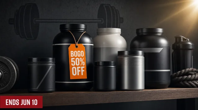 Supplement tubs on a gym shelf with a BOGO 50% OFF tag, promotional badge reading ENDS JUN 10