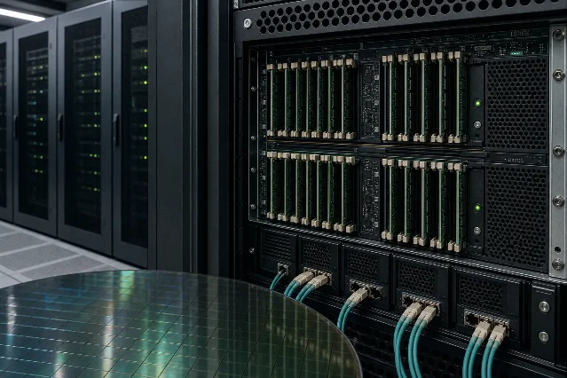 A server rack with exposed memory modules beside a silicon wafer in a data center