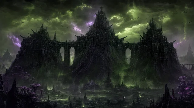 A vast black iron fortress spanning three mountain peaks on a blighted world, wreathed in toxic fog and diseased clouds