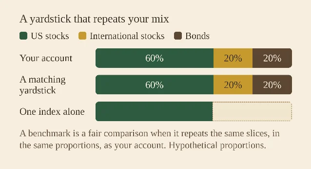 A diagram headed "A yardstick that repeats your mix," showing three rows of stacked bars. The first row, labeled "Your account," splits one bar into US stocks, international stocks, and bonds. The second row, "A matching yardstick," repeats the same three slices in the same widths. The third row, "One index alone," shows a short bar covering only the first slice.