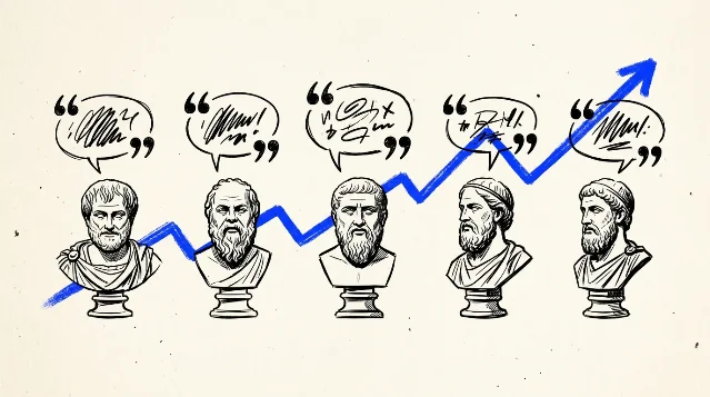 Ink illustration of a marble bust beside startup motifs
