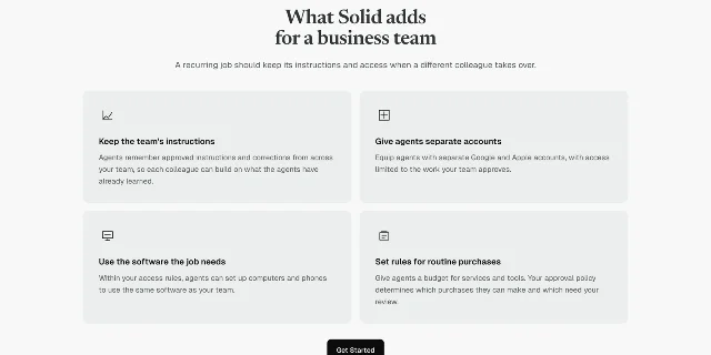 A card block on Solid's comparison page headed "What Solid adds for a business team," with four tiles: Keep the team's instructions, Give agents separate accounts, Use the software the job needs, and Set rules for routine purchases