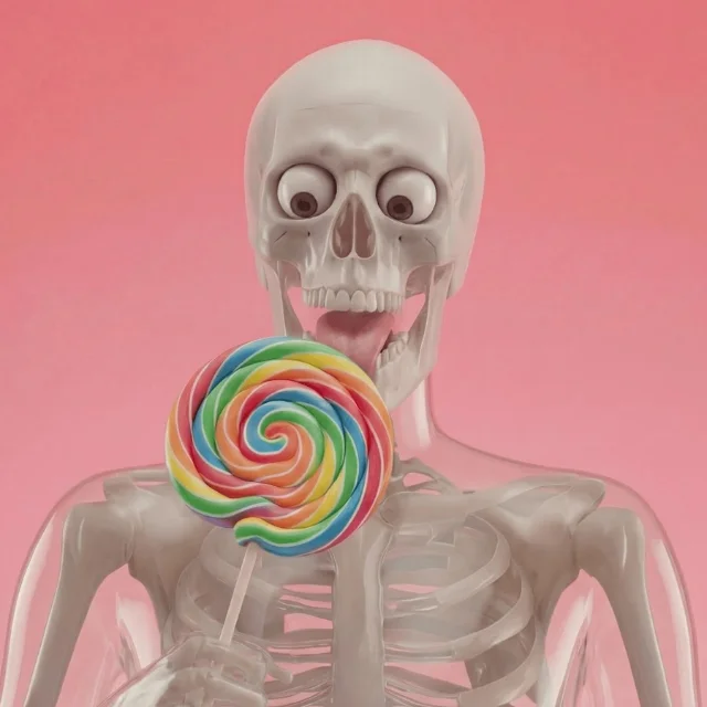 Helix² channel avatar — a semi-transparent cartoon skeleton holding a rainbow lollipop on a pink background