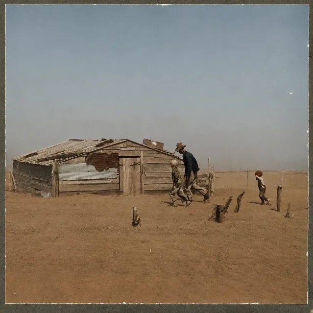 AI colorization of the Dust Bowl farmer and sons
