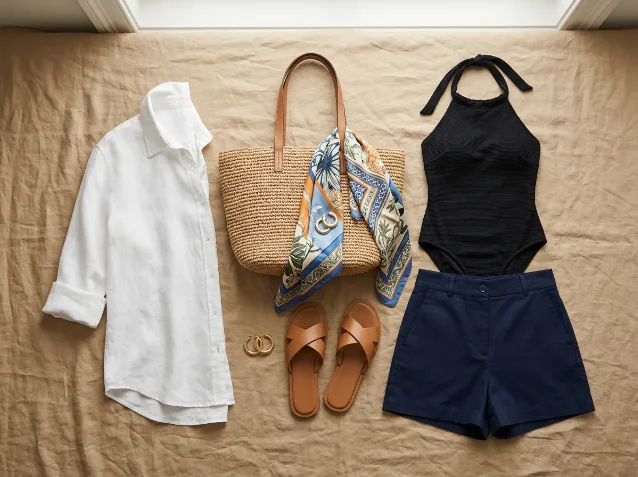 AI-generated flat-lay with navy board shorts, a black halter one-piece, white linen shirt, printed scarf, raffia tote, sandals, and gold hoops.
