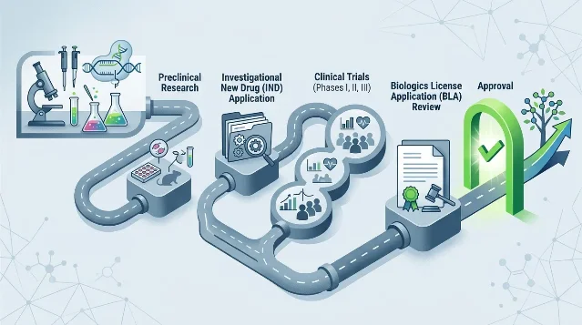 FDA gene therapy regulatory pathway: preclinical research → IND application → Phase I/II/III clinical trials → BLA review → Approval, shown as a winding road with labeled stage nodes