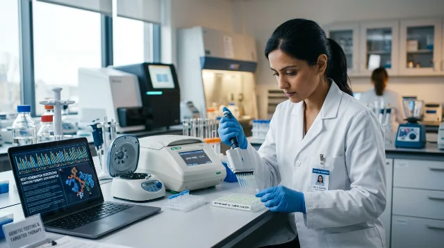 Researcher working with patient samples in an NGS oncology laboratory