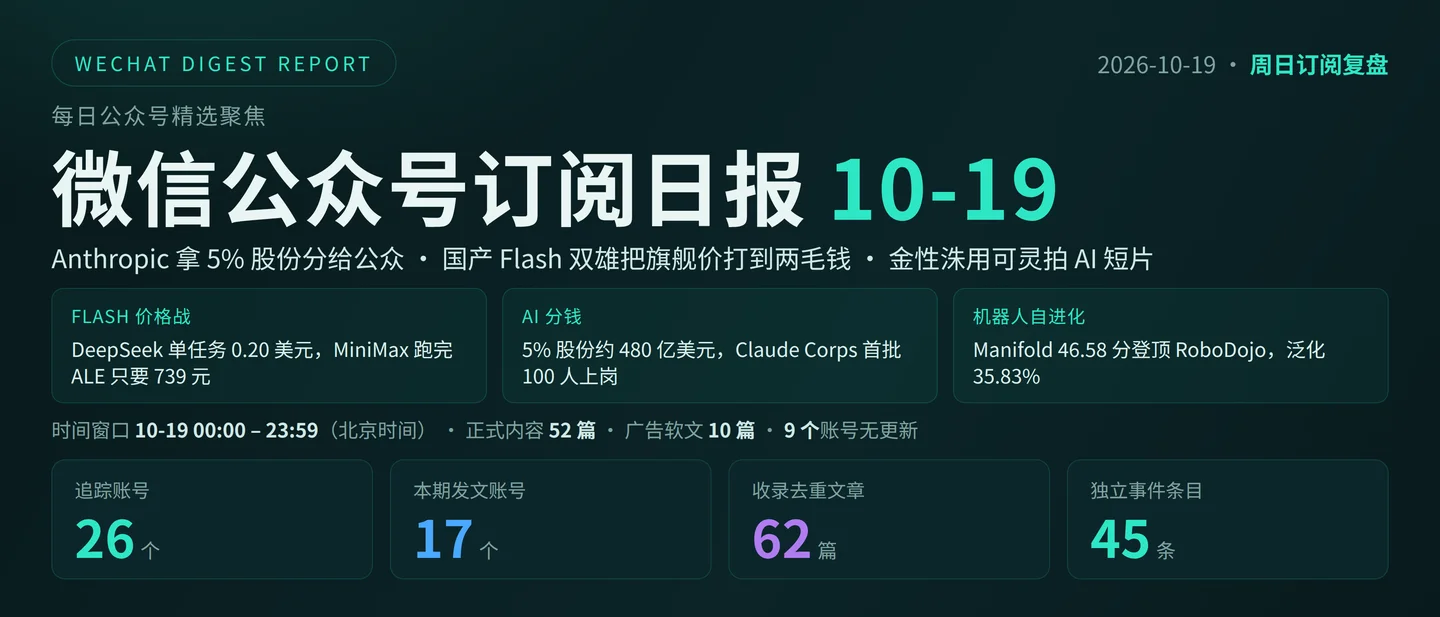 微信公众号订阅日报(2026-10-19):17 账号更新 62 篇,Anthropic 拿出 5% 股份分给公众、国产 Flash 把单任务成本压到 0.2 美元