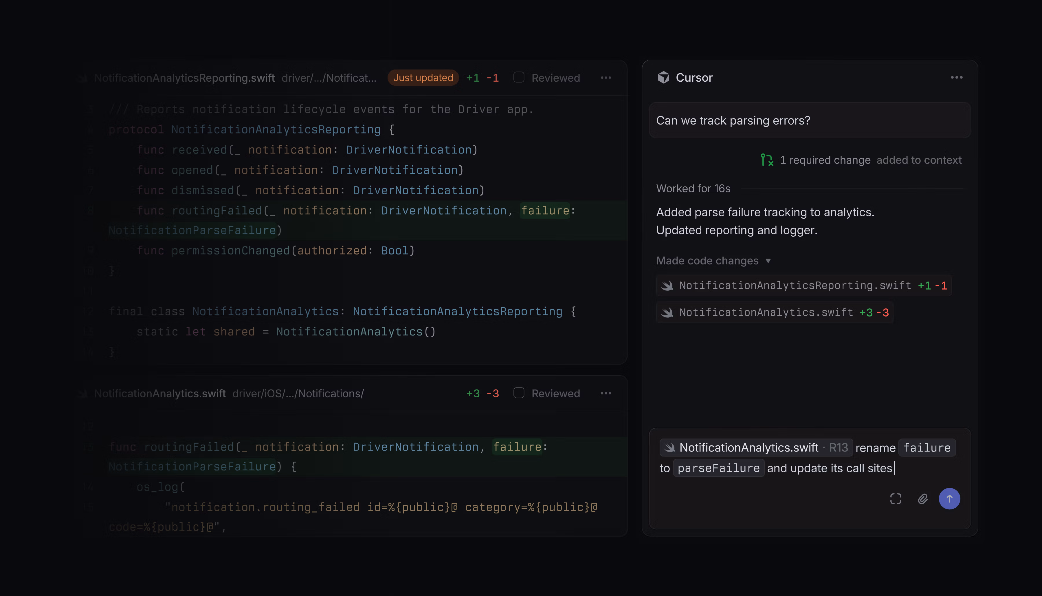 Agent-in-Diff interface — the reviewer requests changes from the diff surface, the agent updates the code in real-time