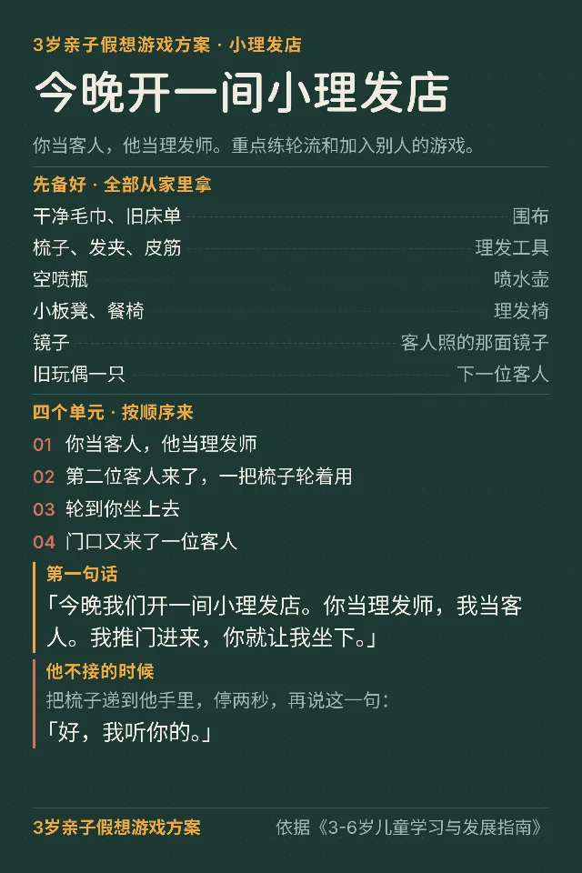 一张竖版操作卡，标题是「今晚开一间小理发店」，下面依次是材料清单、四个单元、第一句话和应对句