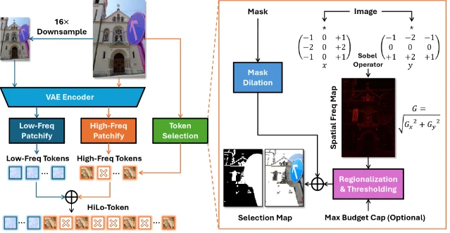 HiLo-Token framework: the left panel shows dual patchify branches (16× downsampled low-freq and Sobel-selected high-freq), producing a merged compressed token sequence; the right panel shows the token selection pipeline with mask dilation, Sobel spatial frequency map, and regionalization