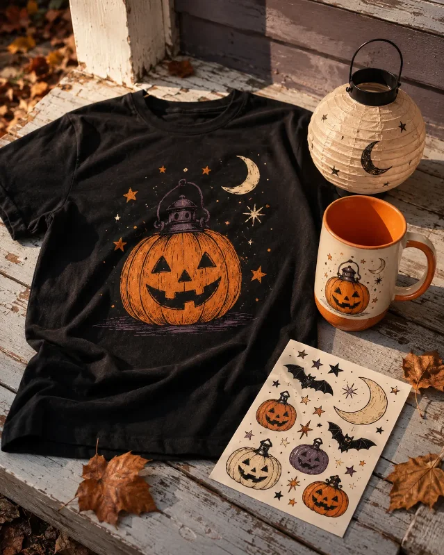 Summerween product concept with a black tee, orange mug, pumpkin lantern, and sticker sheet on a porch