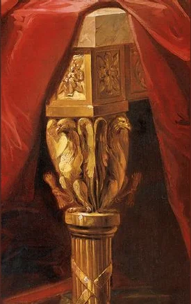 Detail of the carved table leg showing an eagle-topped ornamental support, Lansdowne portrait