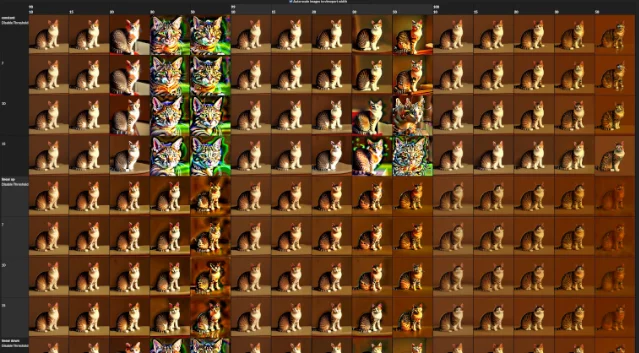 XY grid of SDXL cat images across different CFG and DT parameter combinations — rows vary by mimic_scale (constant, 7, 30) and DT mode (None, Mimic Up, Base Reset); columns vary by CFG (10 to 100); visible color degradation without DT at high CFG is contained with DT enabled