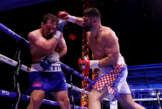 Hrgovic punching Allen against the ropes at Eco-Power Stadium, Doncaster, May 16, 2026
