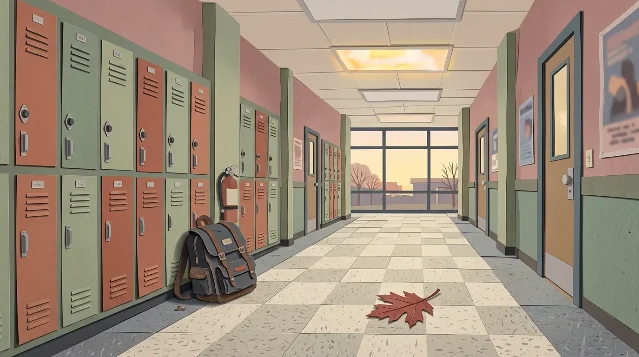 A school hallway at the end of the day — lockers, a lone backpack, a fallen leaf on the floor, late light through far windows