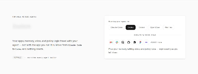 CoreSpeed 首页 portable across agents 区块的下半部分：agent 选择栏下面是七个连接器图标，图标条末尾缀着一行 +1,000 more